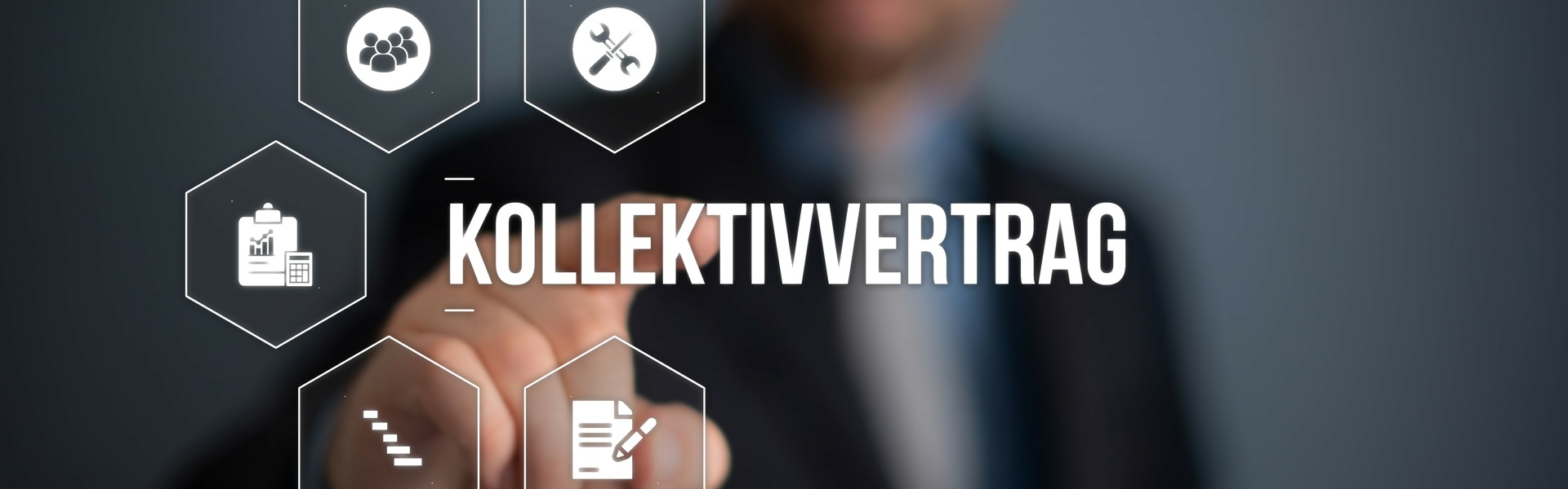 Kollektivvertrag auf dem Bildschirm mit Symbolen für Arbeitsrecht