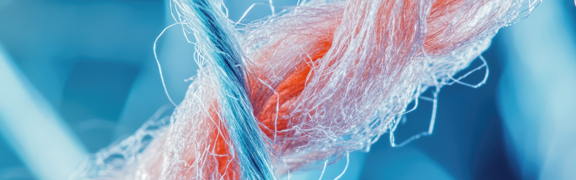 Nylonfasern unter polarisiertem Licht, die komplizierte Details ihrer Struktur und Textur in einer mikroskopischen Ansicht zeigen