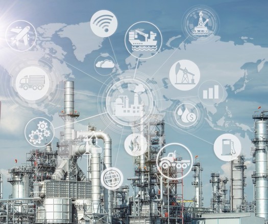 Industrie 4.0 des Öl- und Gasraffinationsprozesses der Raffinerieanlage, Konzept des industriellen Energiesystems-Netzwerk-Icons.