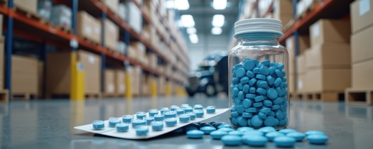 Blaue Tabletten im Vordergrund und ein Lager im Hintergrund