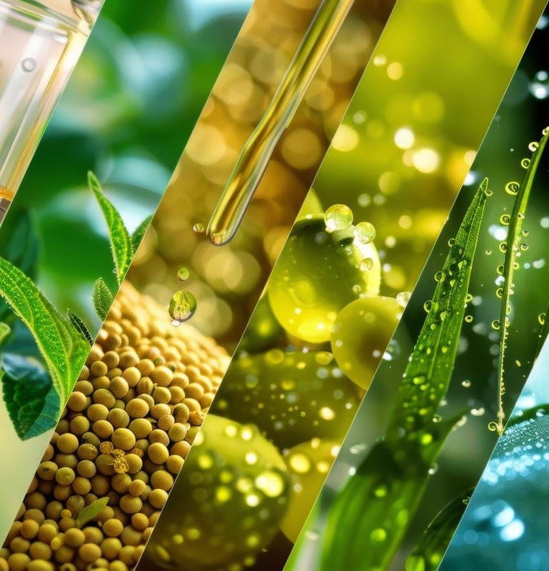 Eine Collage verschiedener Arten von Biokraftstoffen, einschließlich Fotos ihrer Quellen wie Sojabohnen, Zuckerrohr und Algen. 