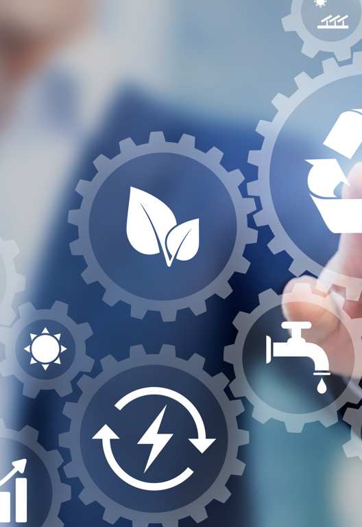 Konzept der nachhaltigen Entwicklung auf dem Bildschirm mit Symbolen für erneuerbare Energien