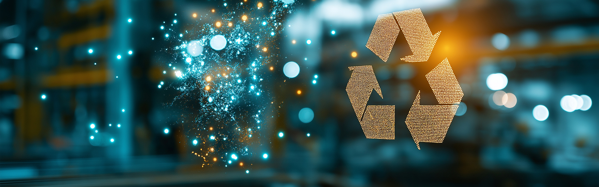 goldenes Symbol der Kreislaufwirtschaft auf einem verschwommenen industriellen Hintergrund 