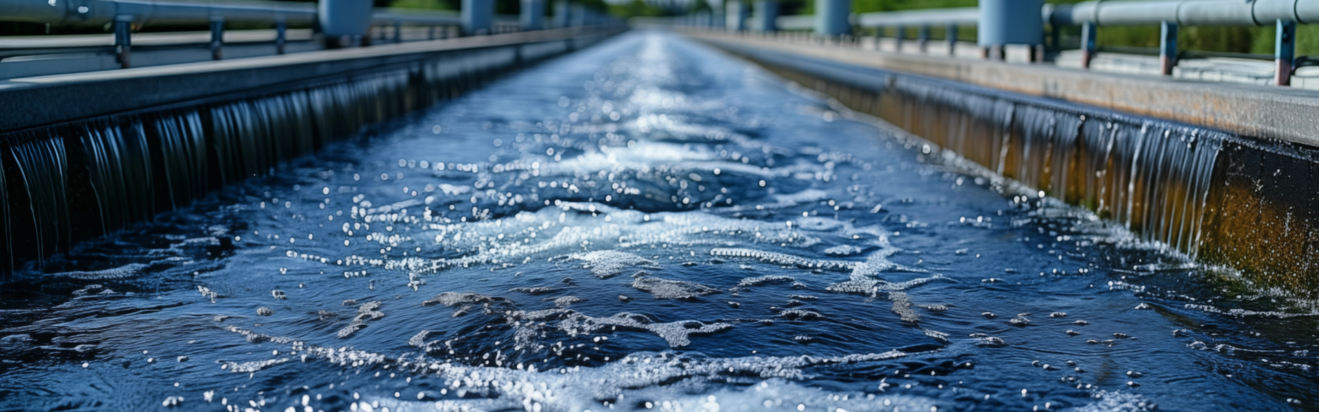 Nachklärbecken in der Kläranlage, mit Wasser Überlauf und Räumer, nachhaltiger Wasserkreislauf