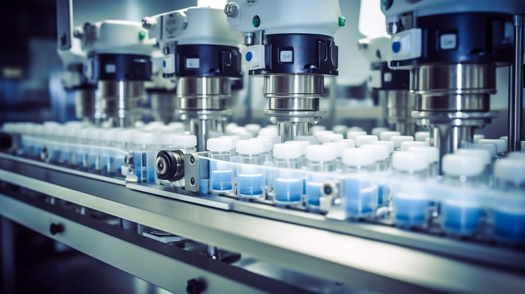 Fließband in einer Pharma-Firma befüllt kleine Dosen