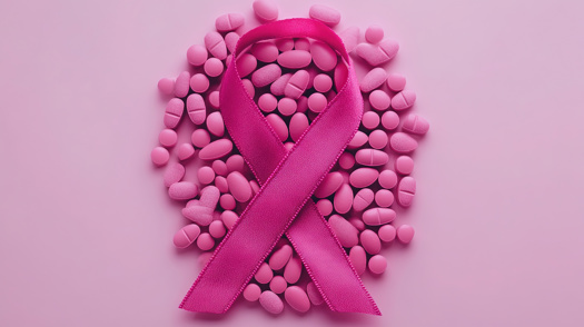 rosa Schleife auf rosa Pillen und rosa Hintergrund als Symbol für den Weltkrebstag